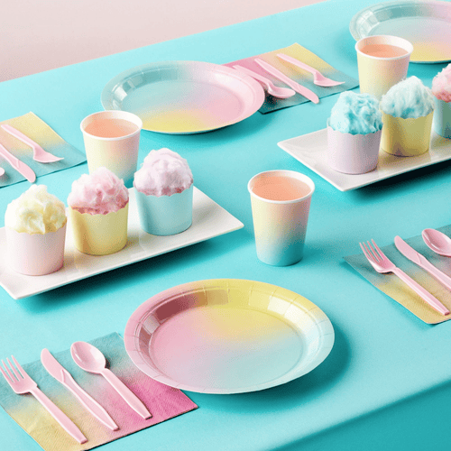 144 Piece Pastel Rainbow Birthday Party Supplies, Dinnerware with Paper Plates, Napkins, Cups, and Pink Cutlery (Serves 24) EasyOptionXY LLC