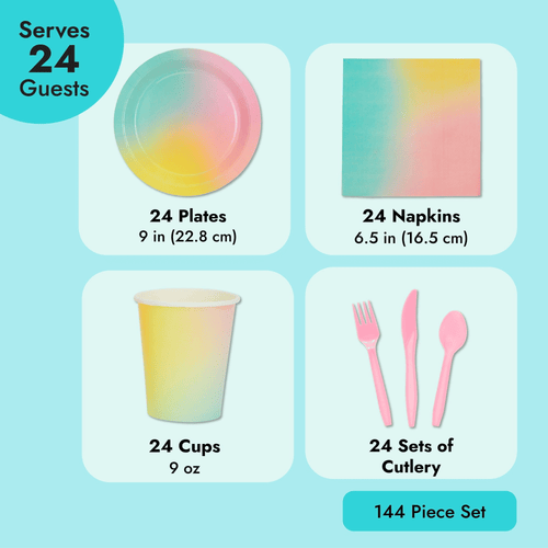 144 Piece Pastel Rainbow Birthday Party Supplies, Dinnerware with Paper Plates, Napkins, Cups, and Pink Cutlery (Serves 24) EasyOptionXY LLC