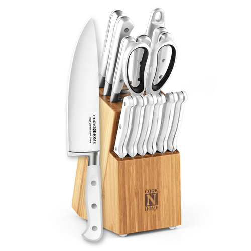 Cook N Home Kitchen Knife Set with Bamboo Storage Block 15-Piece, High Carbon Stainless Steel Blade, White EasyOptionXY LLC