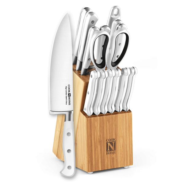 Cook N Home Kitchen Knife Set with Bamboo Storage Block 15-Piece, High Carbon Stainless Steel Blade, White EasyOptionXY LLC