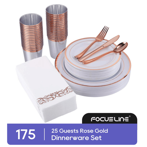 Focusline [175pack] Disposable Dinnerware Set 25 Guest-50 Rose Gold Rim Plastic Plates-25 Rose Gold Plastic Silverware-25 Rose Gold Plastic Cups-25 Linen Feel Paper Napkins EasyOptionXY LLC