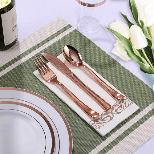 Focusline [175pack] Disposable Dinnerware Set 25 Guest-50 Rose Gold Rim Plastic Plates-25 Rose Gold Plastic Silverware-25 Rose Gold Plastic Cups-25 Linen Feel Paper Napkins EasyOptionXY LLC