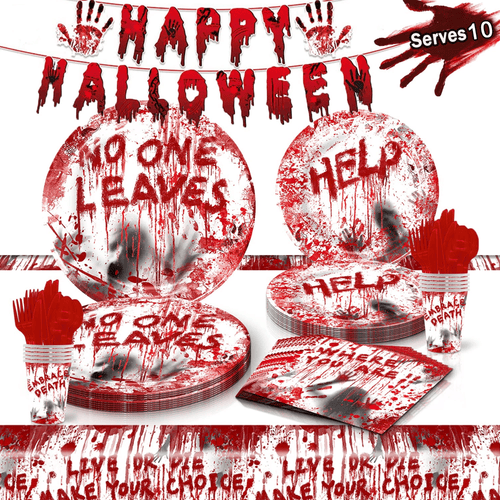 Scary Halloween Party Supplies, Bloody Themed Halloween Party Decorations Tableware, Halloween Paper Plates Cups Napkins Cutlery Banner Tablecloth Spoons Forks Knives EasyOptionXY LLC