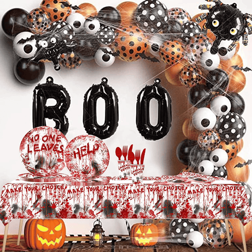 Scary Halloween Party Supplies, Bloody Themed Halloween Party Decorations Tableware, Halloween Paper Plates Cups Napkins Cutlery Banner Tablecloth Spoons Forks Knives EasyOptionXY LLC
