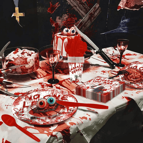 Scary Halloween Party Supplies, Bloody Themed Halloween Party Decorations Tableware, Halloween Paper Plates Cups Napkins Cutlery Banner Tablecloth Spoons Forks Knives EasyOptionXY LLC