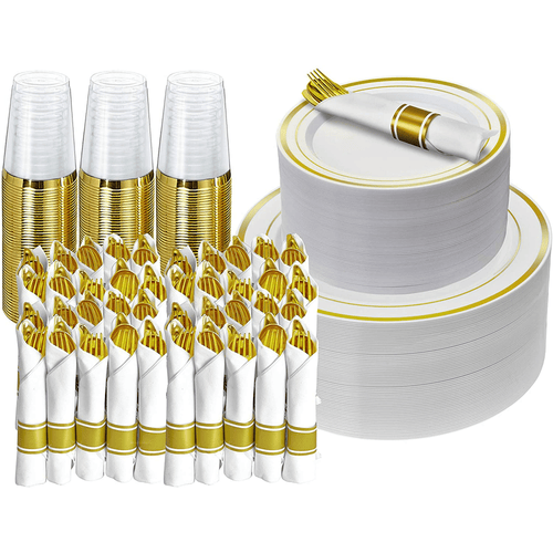 Prestee 350 Piece Gold Dinnerware Set - 50 Guest - Disposable Gold Dinnerware Set - 100 Gold Rim Plastic Plates - 50 Linen Feel Napkins with Spoons, Forks, Knives - 50 Gold (10oz) Plastic Cups EasyOptionXY LLC