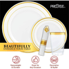 Prestee 350 Piece Gold Dinnerware Set - 50 Guest - Disposable Gold Dinnerware Set - 100 Gold Rim Plastic Plates - 50 Linen Feel Napkins with Spoons, Forks, Knives - 50 Gold (10oz) Plastic Cups EasyOptionXY LLC