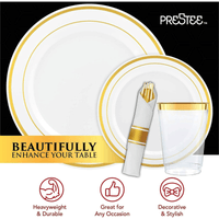 Prestee 350 Piece Gold Dinnerware Set - 50 Guest - Disposable Gold Dinnerware Set - 100 Gold Rim Plastic Plates - 50 Linen Feel Napkins with Spoons, Forks, Knives - 50 Gold (10oz) Plastic Cups EasyOptionXY LLC