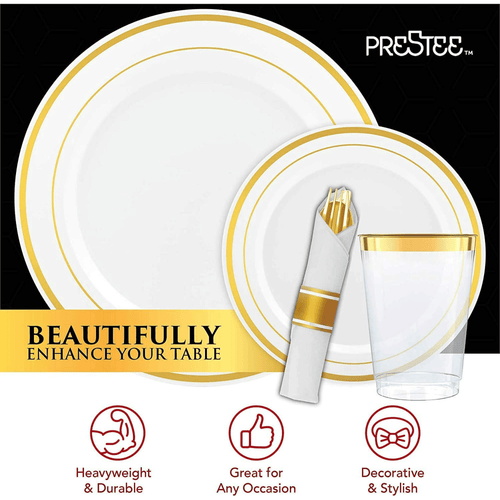 Prestee 350 Piece Gold Dinnerware Set - 50 Guest - Disposable Gold Dinnerware Set - 100 Gold Rim Plastic Plates - 50 Linen Feel Napkins with Spoons, Forks, Knives - 50 Gold (10oz) Plastic Cups EasyOptionXY LLC