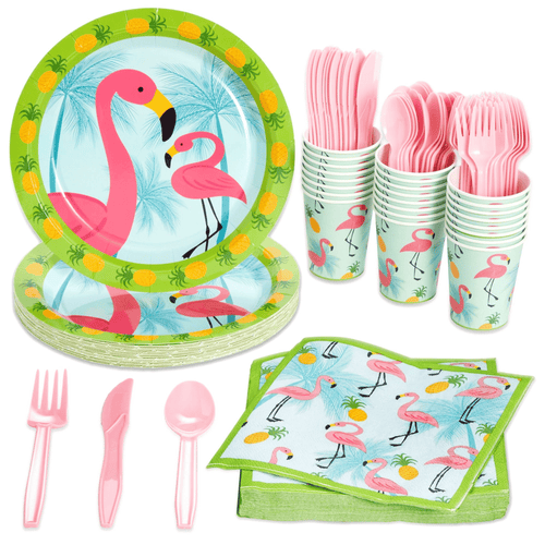 144-Piece Pink Flamingo Birthday Party Supplies, Paper Plates, Napkins, Cups, Cutlery for Summer Hawaiian Themed Party, Girl Baby Shower Decorations (Serves 24 Guests) EasyOptionXY LLC