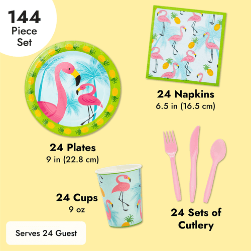 144-Piece Pink Flamingo Birthday Party Supplies, Paper Plates, Napkins, Cups, Cutlery for Summer Hawaiian Themed Party, Girl Baby Shower Decorations (Serves 24 Guests) EasyOptionXY LLC