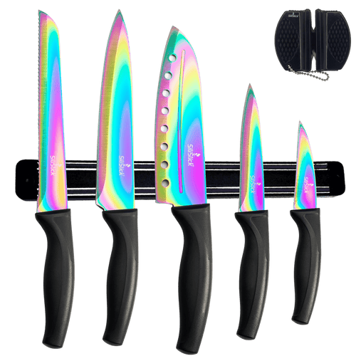 SiliSlick Kitchen Knife Set, Titanium Coated Stainless Steel Colorful Blades, Chef, Bread, Santoku Utility & Paring Knives, Magnetic Mounting Rack & Portable Sharpener EasyOptionXY LLC