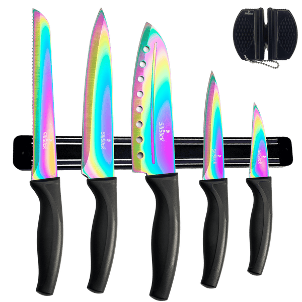 SiliSlick Kitchen Knife Set, Titanium Coated Stainless Steel Colorful Blades, Chef, Bread, Santoku Utility & Paring Knives, Magnetic Mounting Rack & Portable Sharpener EasyOptionXY LLC