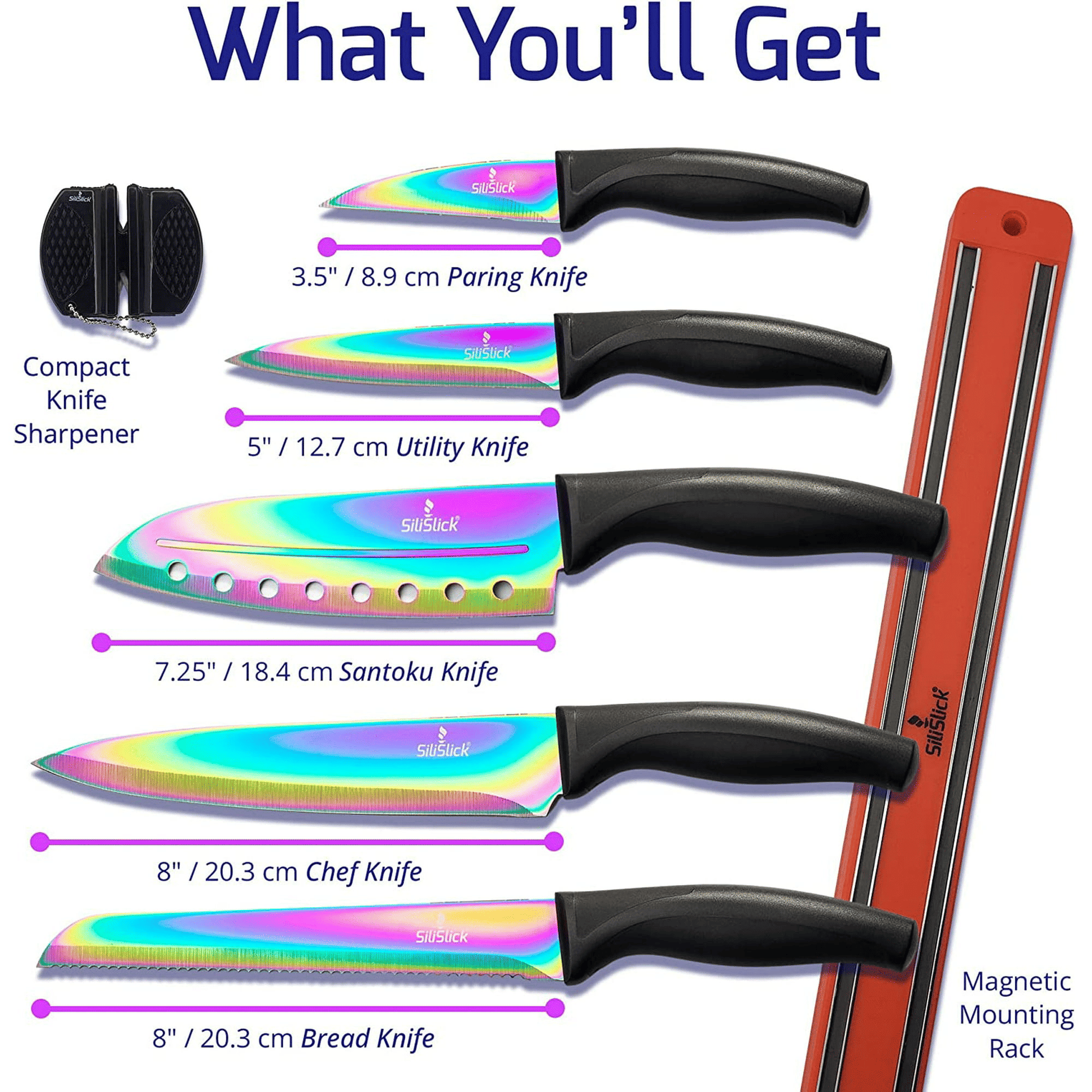 SiliSlick Kitchen Knife Set, Titanium Coated Stainless Steel Colorful Blades, Chef, Bread, Santoku Utility & Paring Knives, Magnetic Mounting Rack & Portable Sharpener EasyOptionXY LLC