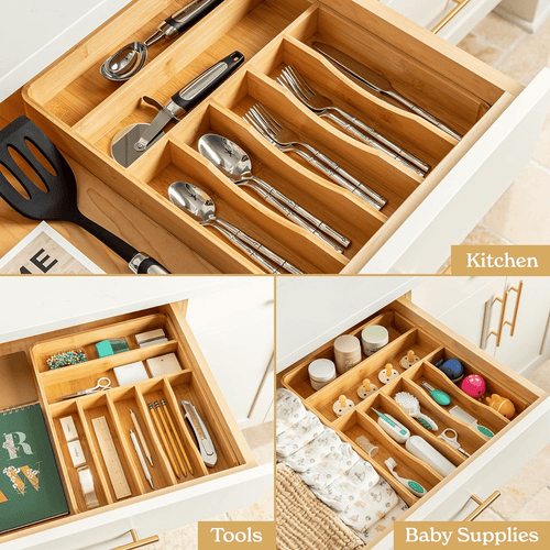 SMIRLY 7-Slot Bamboo Kitchen Drawer Organizer Space Saving Utensil Tray EasyOptionXY LLC