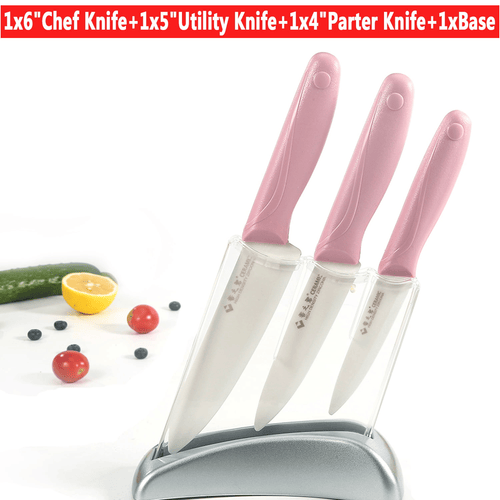 Maxfavor Pink 3pcs Ceramic Kitchen Knife Set Slicing Utility Paring 4" 5" 6" Knives Blade + Base EasyOptionXY LLC