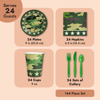 144-Piece Camo Party Decorations for Army-Themed Birthday, Baby Shower, Welcome Home Party, Serves 24, Includes Camouflage Paper Plates, Napkins, Cups, and Cutlery EasyOptionXY LLC