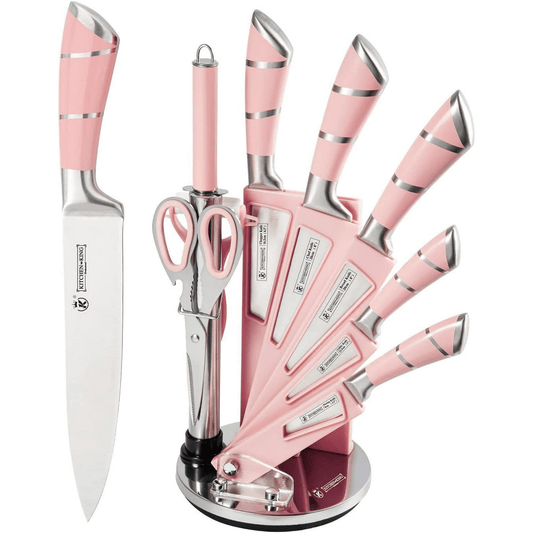 Kitchen Knife Set, 9-Pieces Pink Sharp Non-Stick Coated Chef Knives Block Set,Stainless Steel Knife Set for Kitchen with Sharpener for Cutting Slicing Dicing Chopping (Pink) EasyOptionXY LLC