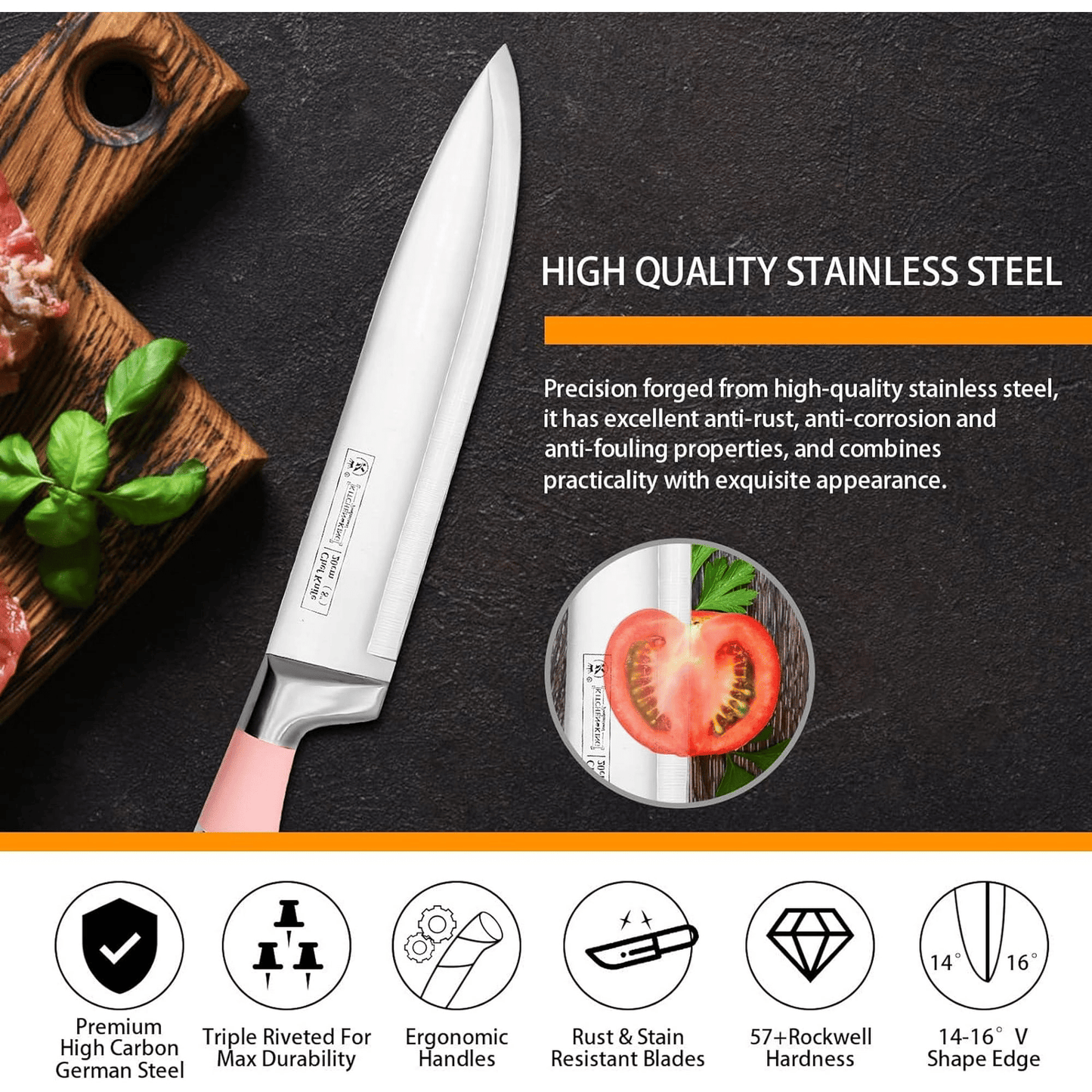 Kitchen Knife Set, 9-Pieces Pink Sharp Non-Stick Coated Chef Knives Block Set,Stainless Steel Knife Set for Kitchen with Sharpener for Cutting Slicing Dicing Chopping (Pink) EasyOptionXY LLC