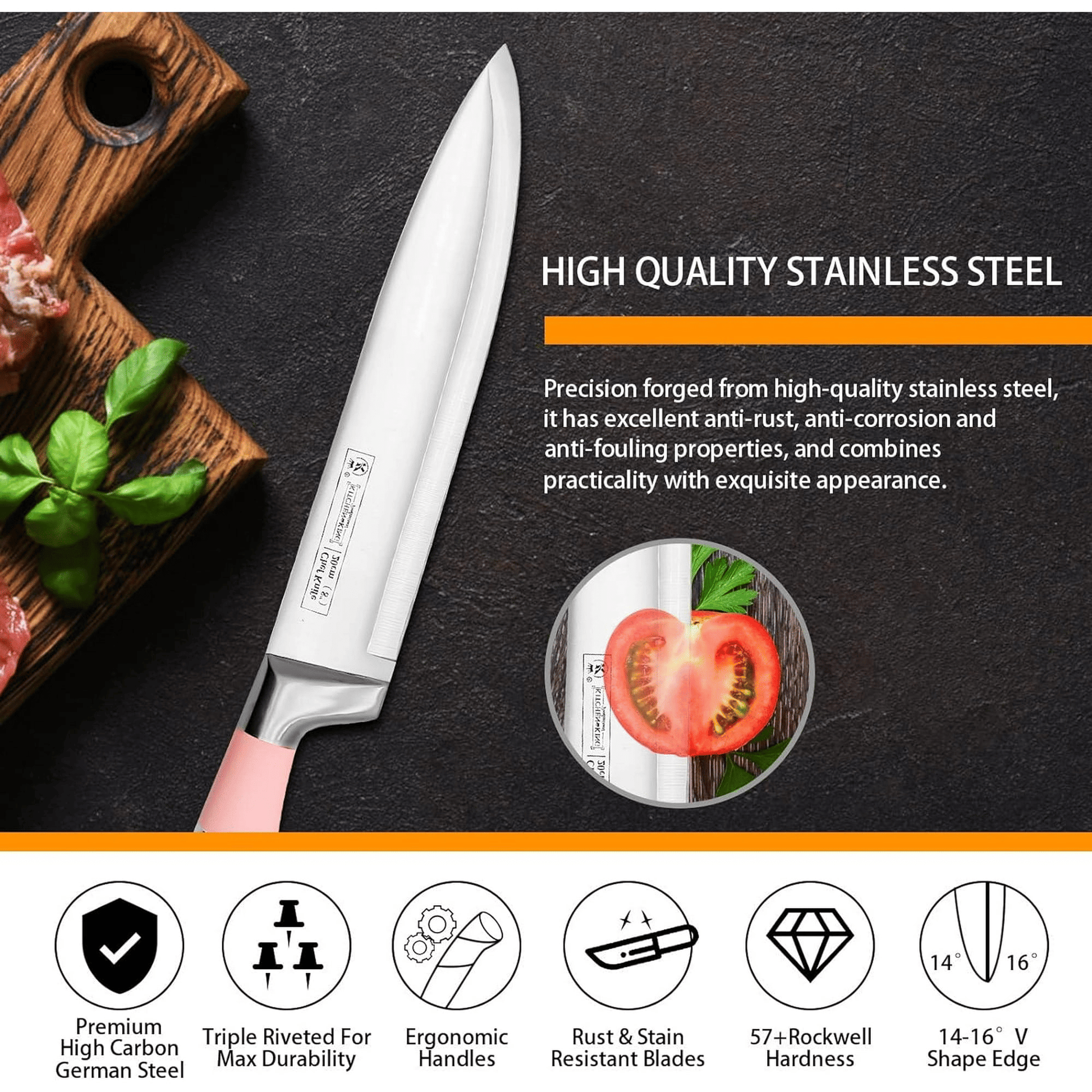 Kitchen Knife Set, 9-Pieces Pink Sharp Non-Stick Coated Chef Knives Block Set,Stainless Steel Knife Set for Kitchen with Sharpener for Cutting Slicing Dicing Chopping (Pink) EasyOptionXY LLC