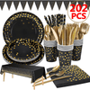 202pcs Eco-Friendly Disposable Black and Gold Paper Plates Cutlery Napkins Cups Tablecloth Banner Supplies Bulk, Non-Plastic Dinnerware Decorations for Party Wedding Birthday Dinner Dessert (25 Guest) EasyOptionXY LLC