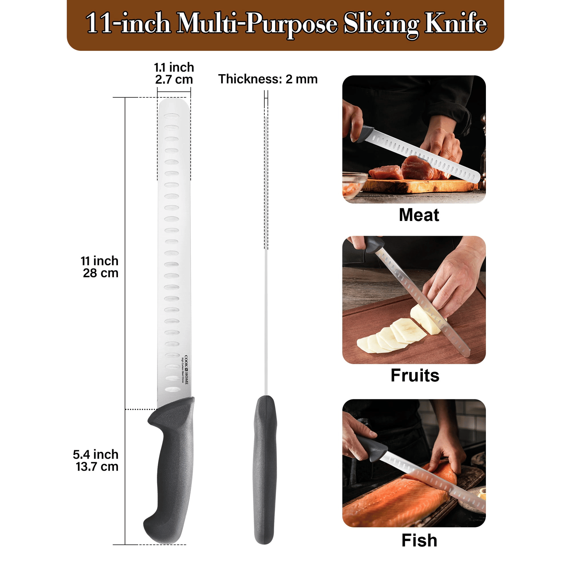 Cook N Home Slicing Carving Knife Roast/Fish Slicer 11-inch, Granton Edge High Carbon Stainless Steel Sharp Kitchen Knife, Ergonomic Handle,Black EasyOptionXY LLC