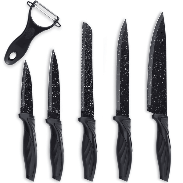 Mirdinner Knife Set of 6, Stainless Steel Kitchen Knives Set, with Non Stick Blades, Sharp Black Kitchen Knife Sets Dishwasher Safe, Chef Knife Set Includes Peeler EasyOptionXY LLC