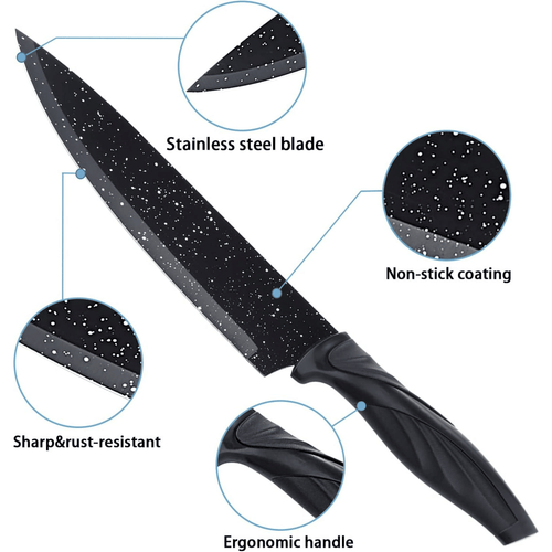 Mirdinner Knife Set of 6, Stainless Steel Kitchen Knives Set, with Non Stick Blades, Sharp Black Kitchen Knife Sets Dishwasher Safe, Chef Knife Set Includes Peeler EasyOptionXY LLC