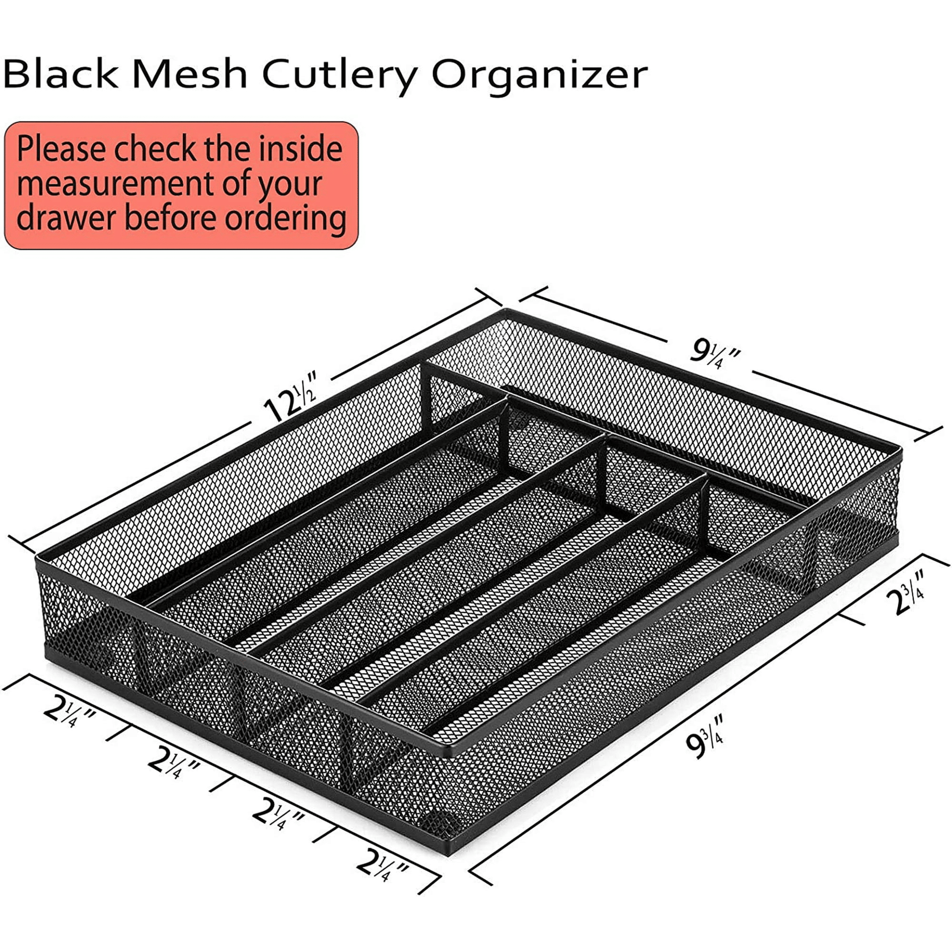 Vesteel Kitchen Drawer Organizer, Black Mesh Wire Utensil Tray, Narrow Metal Cutlery Holder/Divider with Foam Feet, 5 Compartment & Small Size - 12.5 x 9.25-Inch EasyOptionXY LLC