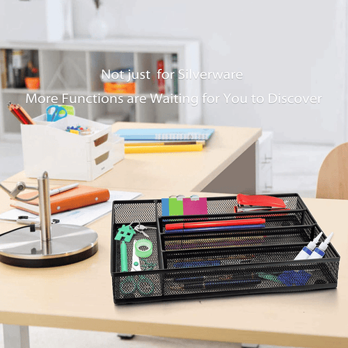 Vesteel Kitchen Drawer Organizer, Black Mesh Wire Utensil Tray, Narrow Metal Cutlery Holder/Divider with Foam Feet, 5 Compartment & Small Size - 12.5 x 9.25-Inch EasyOptionXY LLC