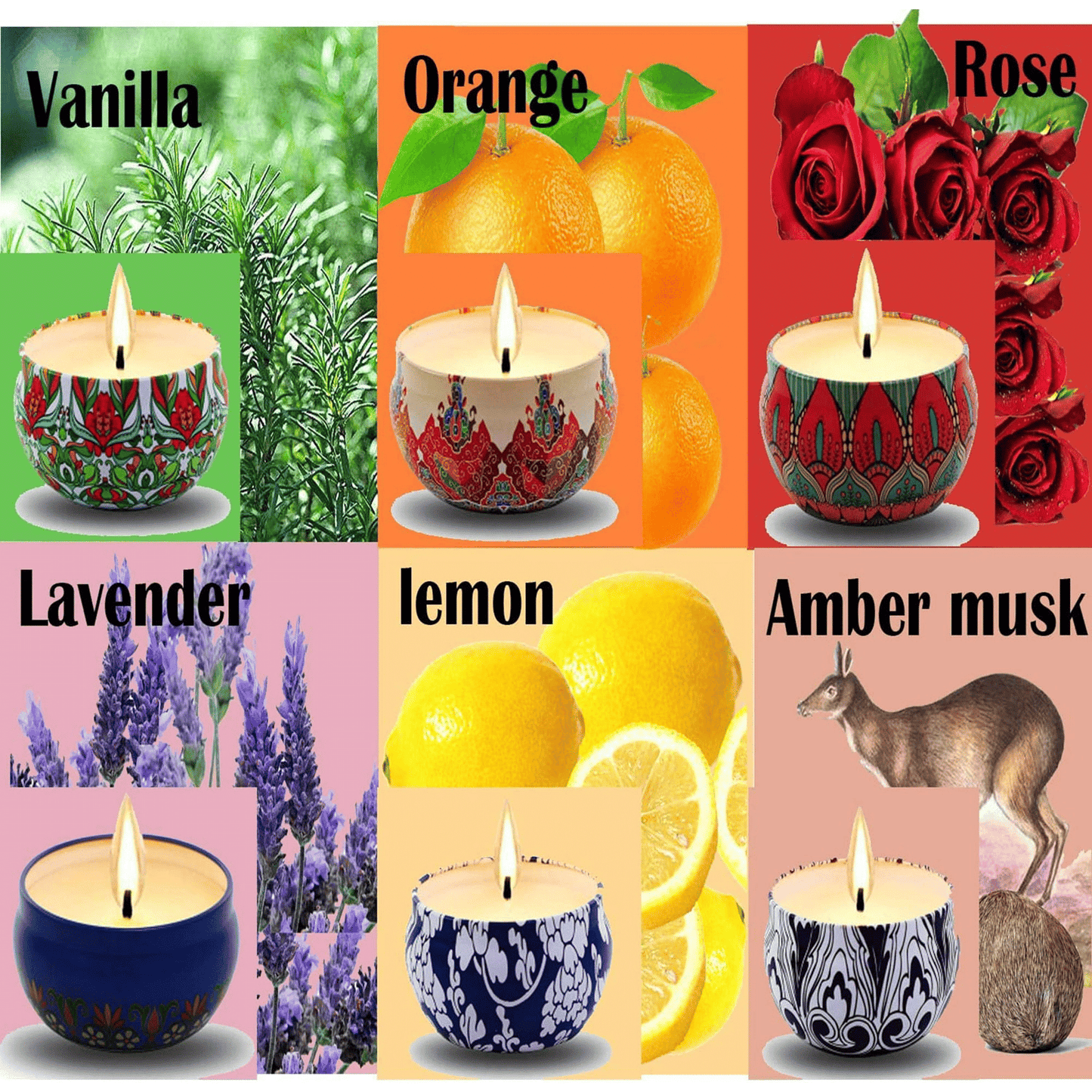 Scented Candles Soy Wax 6-Pack Gift Package Vanilla Lavender Rose Orange Lemon Amber Musk Natural for Stress Relief Aromatherapy Candle Sets Gifts for Women Men Lasting 120hours 2.5oz per tin EasyOptionXY LLC