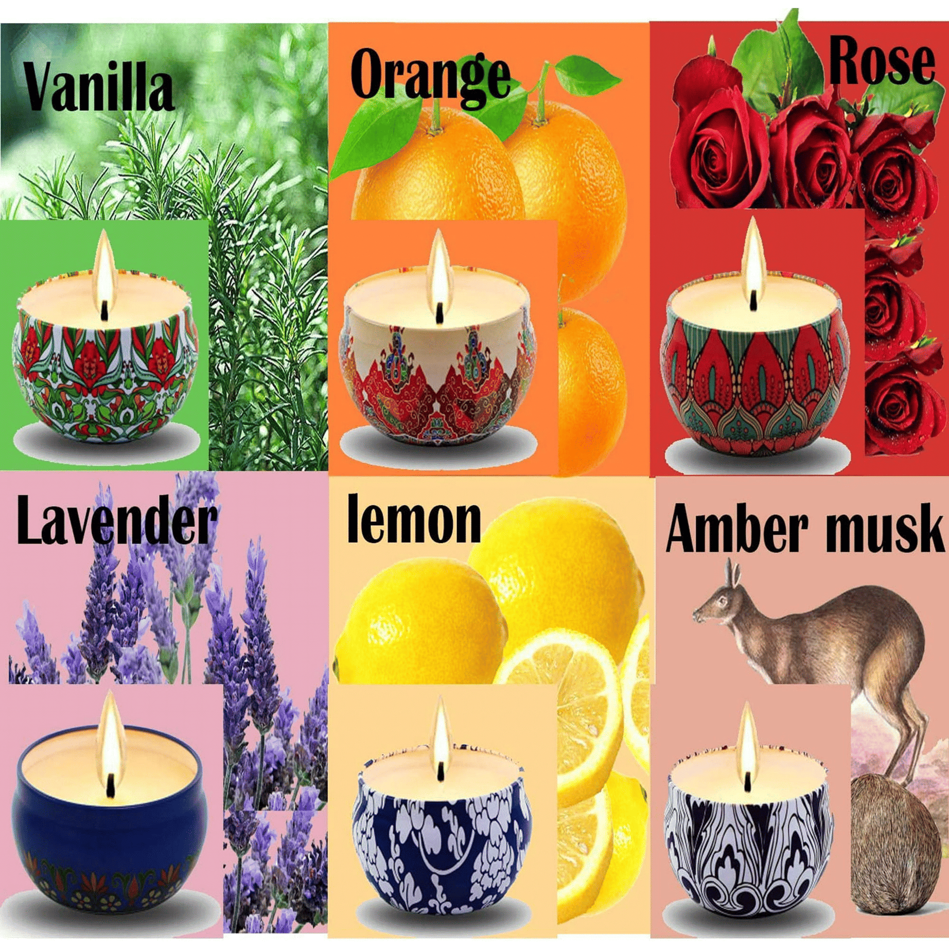 Scented Candles Soy Wax 6-Pack Gift Package Vanilla Lavender Rose Orange Lemon Amber Musk Natural for Stress Relief Aromatherapy Candle Sets Gifts for Women Men Lasting 120hours 2.5oz per tin EasyOptionXY LLC