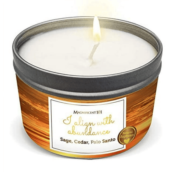 MAGNIFICENT 101 Affirmations Sage, Cedar, Palo Santo, Sprinkle of sage Leaves Smudge Candle for House Energy Cleansing, Banishes Negative Energy - Soy Wax Tin Candle (I Align with Abundance) EasyOptionXY LLC