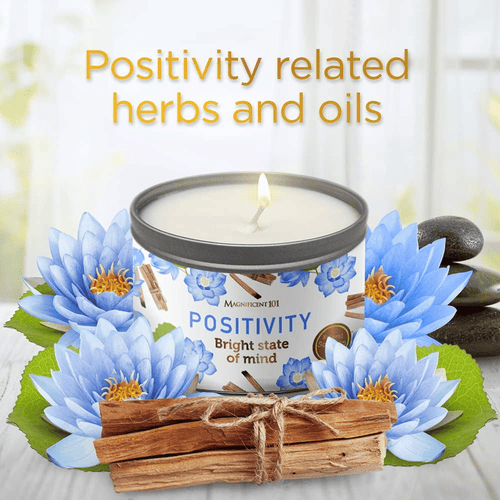 Magnificent 101 Positivity Aromatherapy Candle in 6-oz. Tin Holder: 100% Natural Soy Wax With Palo Santo & Lotus Flower Essential Oils and Pure Sage Leaves; for Intention Setting & Energy Cleansing EasyOptionXY LLC