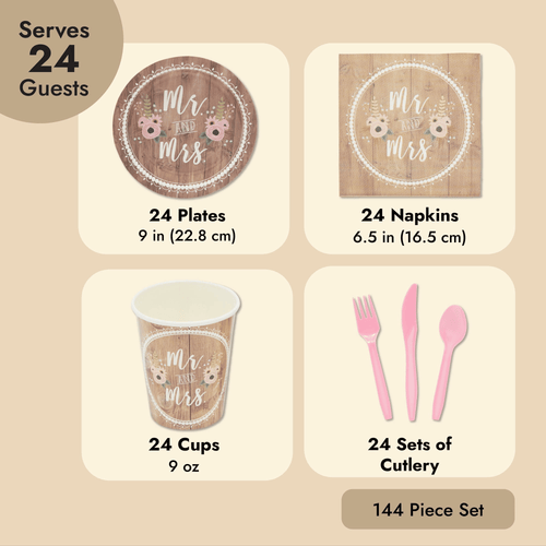 Serves 24 Mr and Mrs Bridal Shower Plates, Napkins, Cups, and Cutlery, Wedding Decorations, Engagement Party Supplies (144 Pieces) EasyOptionXY LLC