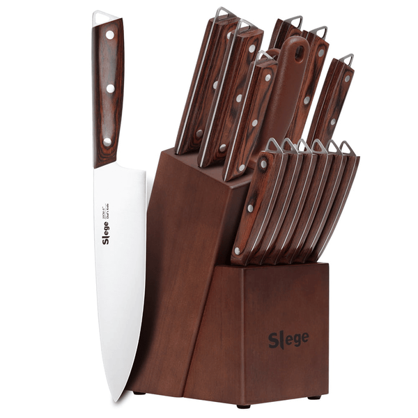 Emojoy Knives Set for Kitchen with Block and Sharpener, 15 Pcs Professional Stainless Steel Multicolor Knife Wooden Block Set EasyOptionXY LLC