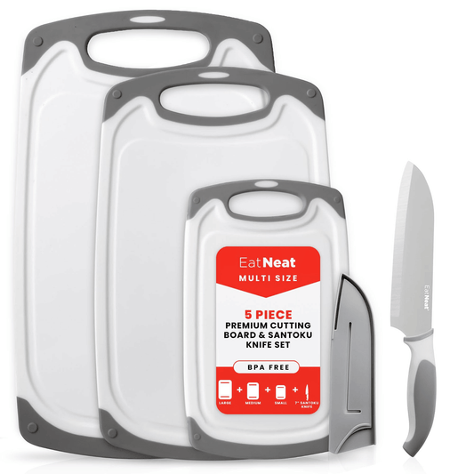 EatNeat 5-Piece Set - Non-Slip Cutting Boards & Stainless Steel Santoku Knife with Sheath. Perfect for Home Kitchen & Outdoor Food Preparation, Cutting & Slicing Meats, Vegetables & Fruits EasyOptionXY LLC