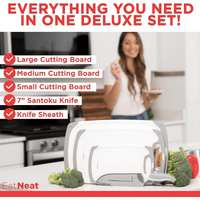 EatNeat 5-Piece Set - Non-Slip Cutting Boards & Stainless Steel Santoku Knife with Sheath. Perfect for Home Kitchen & Outdoor Food Preparation, Cutting & Slicing Meats, Vegetables & Fruits EasyOptionXY LLC