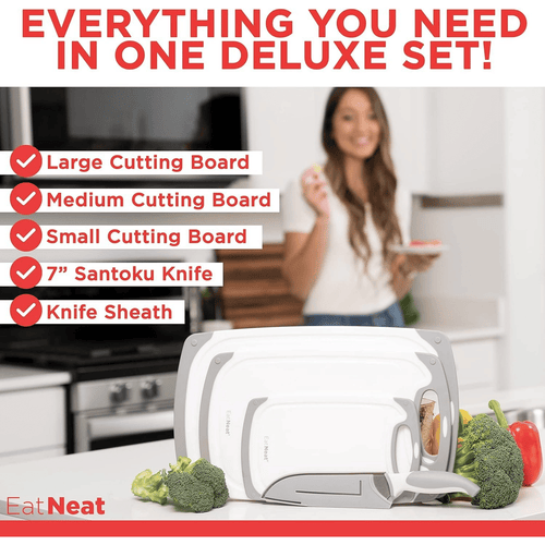EatNeat 5-Piece Set - Non-Slip Cutting Boards & Stainless Steel Santoku Knife with Sheath. Perfect for Home Kitchen & Outdoor Food Preparation, Cutting & Slicing Meats, Vegetables & Fruits EasyOptionXY LLC