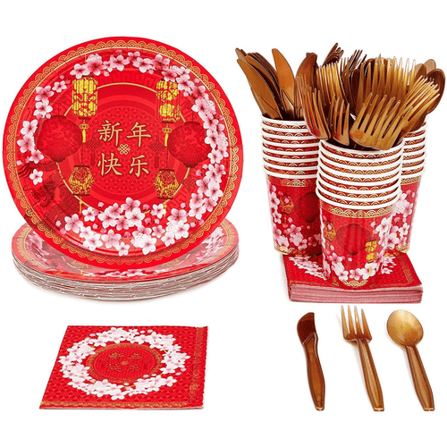 144 Pieces Chinese New Year Party Supplies - Serves 24 Paper Plates, Napkins, Cups, and Cutlery for 2024 Lunar New Year Decorations EasyOptionXY LLC