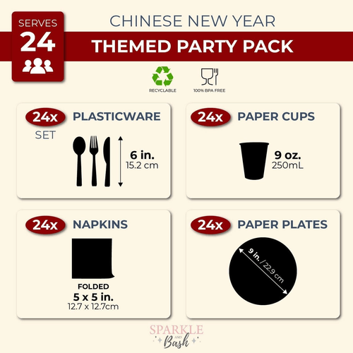 144 Pieces Chinese New Year Party Supplies - Serves 24 Paper Plates, Napkins, Cups, and Cutlery for 2024 Lunar New Year Decorations EasyOptionXY LLC
