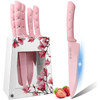 Kitchen Knife Set,Pink Flower 6PC Stainless Steel Sharp Chef Knife Set with Acrylic Stand, Cooking Non-slip Knife Set with Block, Non-stick Colorful Coating Gift for Women Girls EasyOptionXY LLC