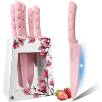 Kitchen Knife Set,Pink Flower 6PC Stainless Steel Sharp Chef Knife Set with Acrylic Stand, Cooking Non-slip Knife Set with Block, Non-stick Colorful Coating Gift for Women Girls EasyOptionXY LLC