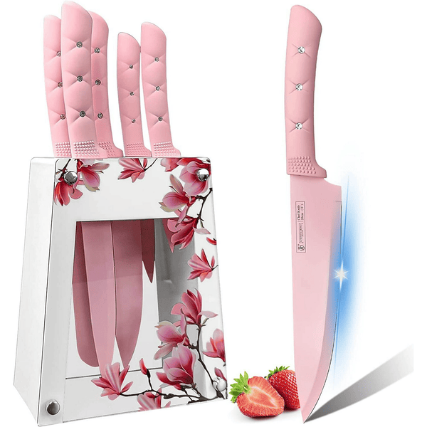 Kitchen Knife Set,Pink Flower 6PC Stainless Steel Sharp Chef Knife Set with Acrylic Stand, Cooking Non-slip Knife Set with Block, Non-stick Colorful Coating Gift for Women Girls EasyOptionXY LLC