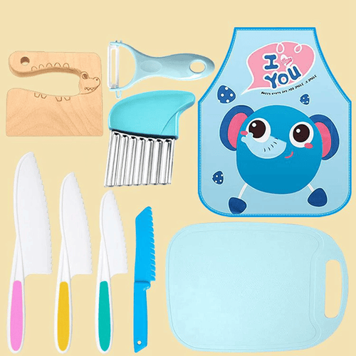 Kids Cooking Set Real, Montessori Kitchen Tools, Toddlers Safe Knife Tools Set (Include Wood and Plastic Knife, Crinkle Cutter, Peeler, Cutting Board, Y Peeler, Apron), Gifts for Junior Boys Girls EasyOptionXY LLC