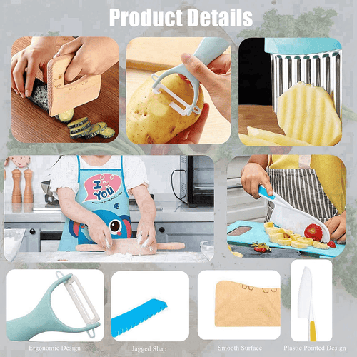 Kids Cooking Set Real, Montessori Kitchen Tools, Toddlers Safe Knife Tools Set (Include Wood and Plastic Knife, Crinkle Cutter, Peeler, Cutting Board, Y Peeler, Apron), Gifts for Junior Boys Girls EasyOptionXY LLC