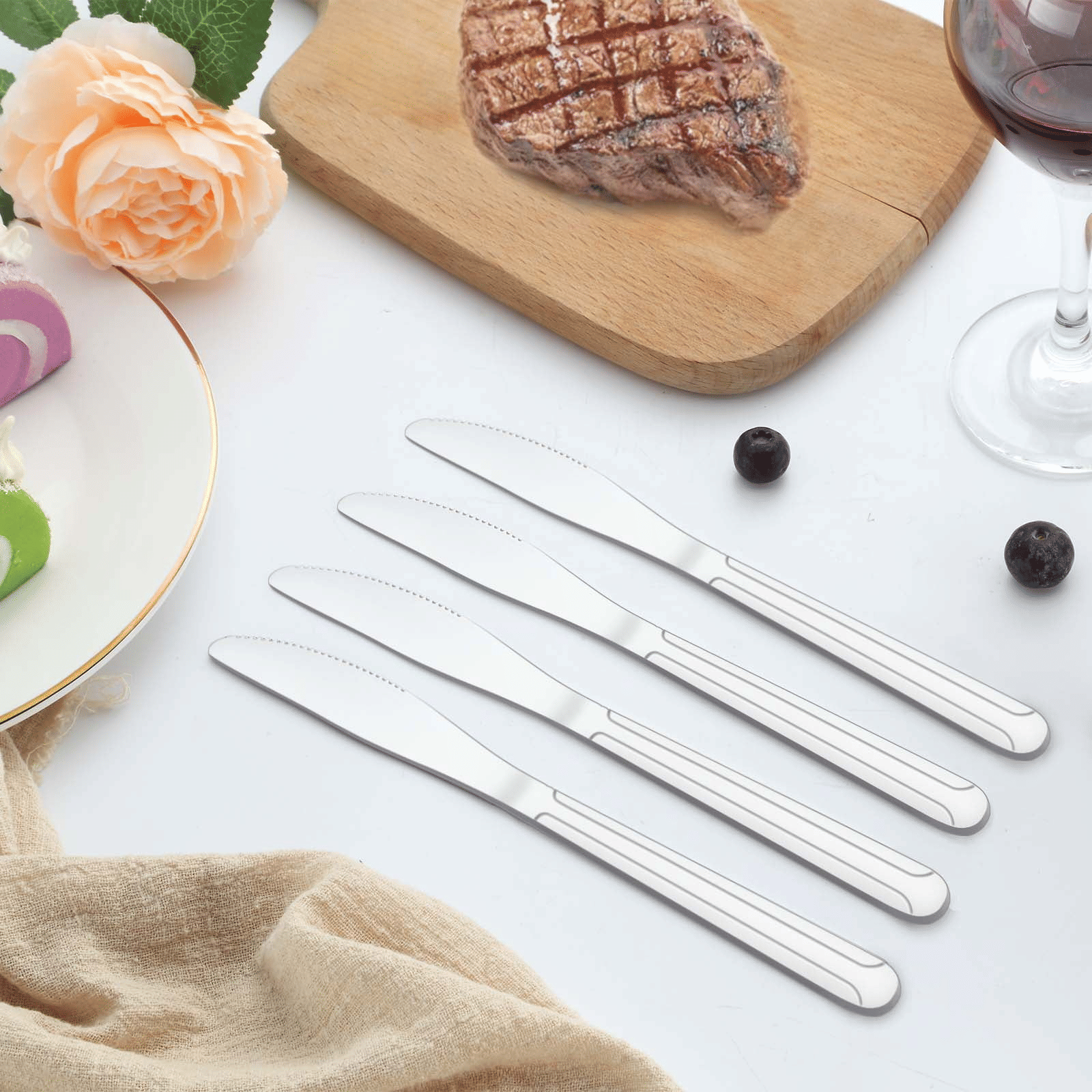 Bestdin Dinner Knife Set, 24 Pieces 8-inch Kitchen Knives, Pattern Design Stainless Steel Cutlery Knife, Table Knives for Home, Hotel and Restaurant, Mirror Polished, Dishwasher Safe EasyOptionXY LLC