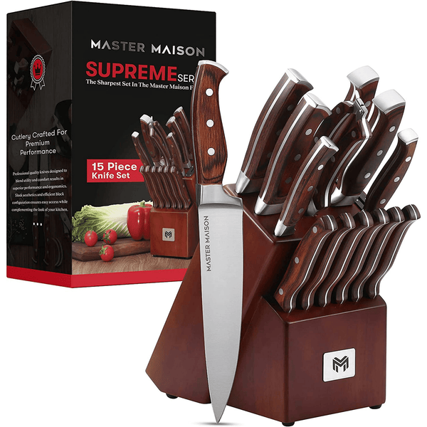 Master Maison 15-Piece Premium Kitchen Knife Set With Block | Master Maison German Stainless Steel Knives With Knife Sharpener & 6 Steak Knives (Walnut) EasyOptionXY LLC