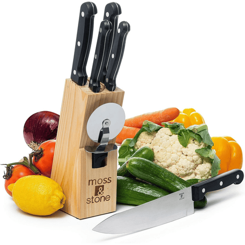 Moss & Stone 7-Pc High-Carbon Stainless Steel Serrated Knife Set with Wood Block EasyOptionXY LLC