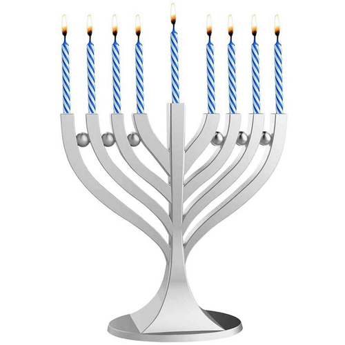 Zion J udaica Mini Classic Menorah with Mini Birthday Size H anukkah Candles - Satin Silver Small Travel Minorah with 44 Blue and White Spiral C hanukah Candles - On The Go Hanukkiah Cute H anukkah Gift EasyOptionXY LLC